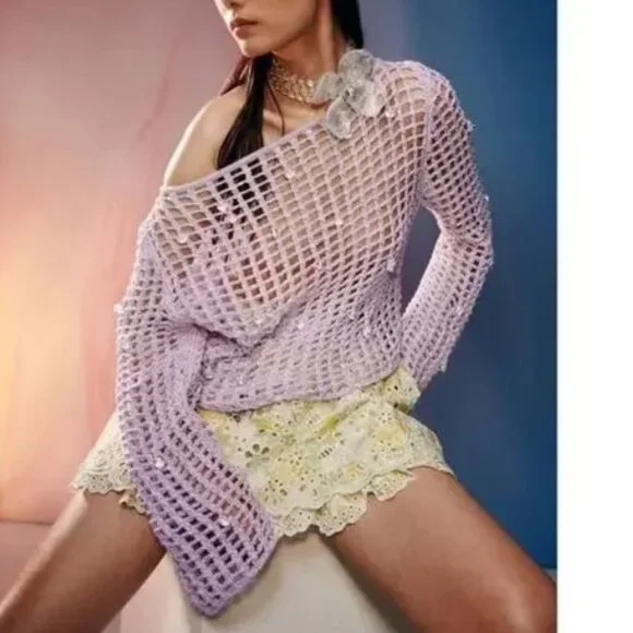 & Other Stories x Susan Fang Lilac Beaded Open Knit Crochet Top Size L